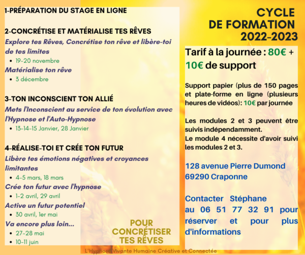 Cycle 2022-2023 - Dates et tarifs - Présentiel Craponne